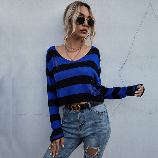 Damen Lässiger Crop-Pullover mit Streifen und Destroyed-Details Shop Nory