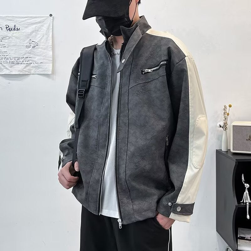 Herren Kontrastärmeliges Oversized Kunstleder-Utility-Jacke mit Stehkragen Shop Nory