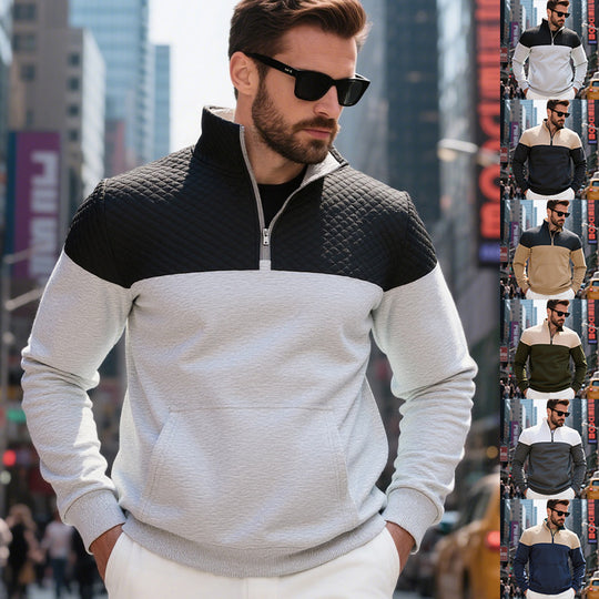 Herren Colorblock-Halbzip-Sweatshirt mit gesteppter Brustpartie, Kängurutasche und elastischen Bündchen Shop Nory