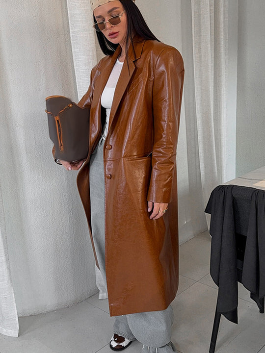 Damen Lang geschnittener Lackleder-Trenchcoat mit Reverskragen und kastiger Oversize-Passform Shop Nory
