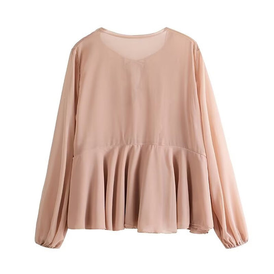 Damen Weiche Chiffonbluse mit Schnürung, V‑Ausschnitt und Volantsaum Shop Nory