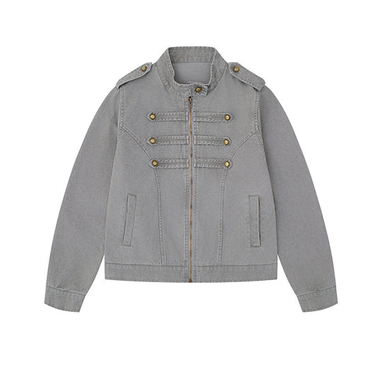Damen Military-inspirierte Baumwoll-Canvas-Jacke mit Stehkragen, Zierknopfleisten und Schulterpatten Shop Nory