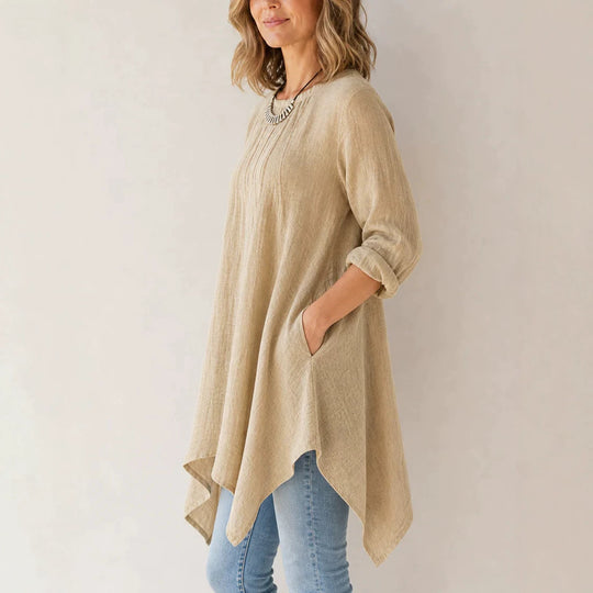 Damen Lässige Tunika-Bluse mit asymmetrischem Saum, feiner Waffelstruktur und Kellerfalten Shop Nory
