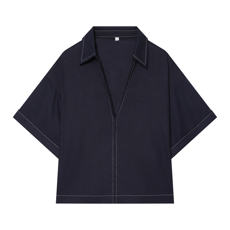 Damen Boxy‑Hemdbluse mit offenem V‑Ausschnitt, kurzem Oversize‑Arm und Kontrastnaht Shop Nory
