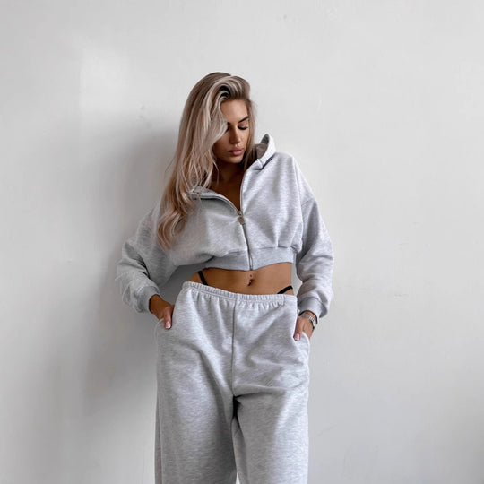 Damen kurzes Zip-Hoodie-Lounge-Set mit taillenhoher Relax-Sweathose Shop Nory