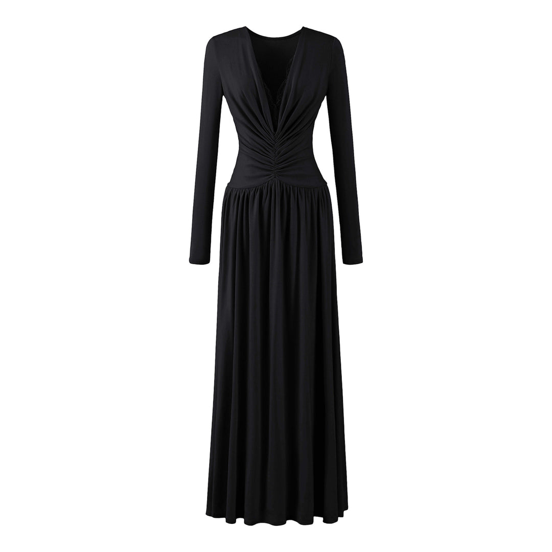 Damen Maxikleid mit gerafftem Wickeloberteil, tiefem V‑Ausschnitt und Spitzenbesatz Shop Nory