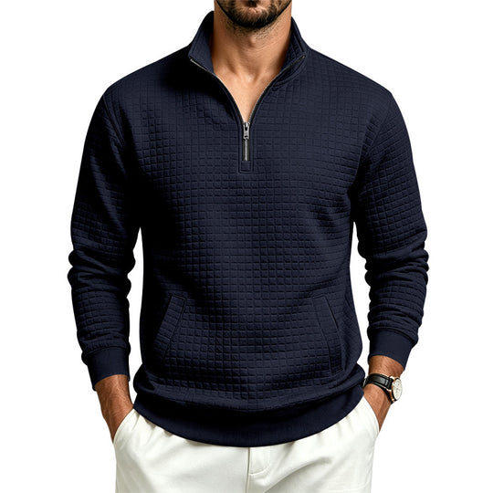 Herren Strukturiertes Stehkragen-Halbzip-Sweatshirt mit Karomuster und Kängurutasche Shop Nory