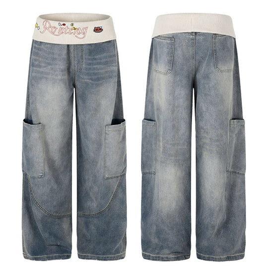 Damen Weite Denim-Palazzo-Cargo-Hose mit Komfort-Rippbund und aufgesetzten Taschen Shop Nory