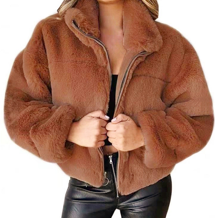 Damen nan kurze kuschelige Kunstpelzjacke mit Stehkragen und Reißverschluss Shop Nory
