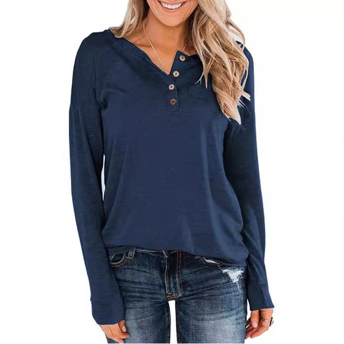 Damen modisches Langarm-Henley-Shirt mit Knopfleiste