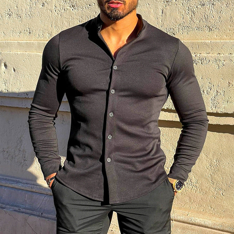 Herren Slim-Fit Langarmhemd mit Stehkragen und elastischem Jersey Shop Nory