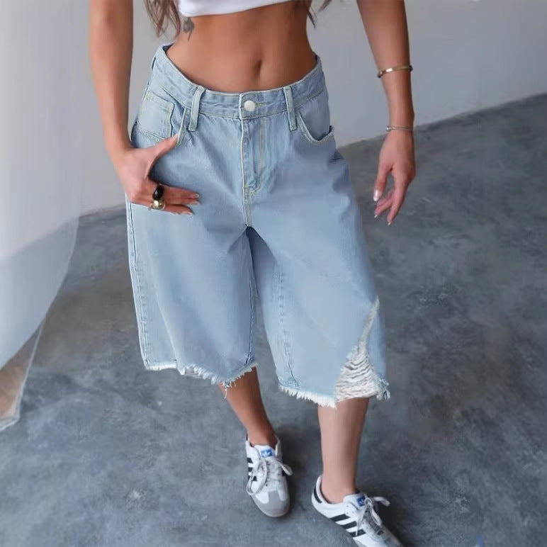 Damen Weite Denim-Culotte mit hohem Bund, Distressed-Details und rohem Saum Shop Nory