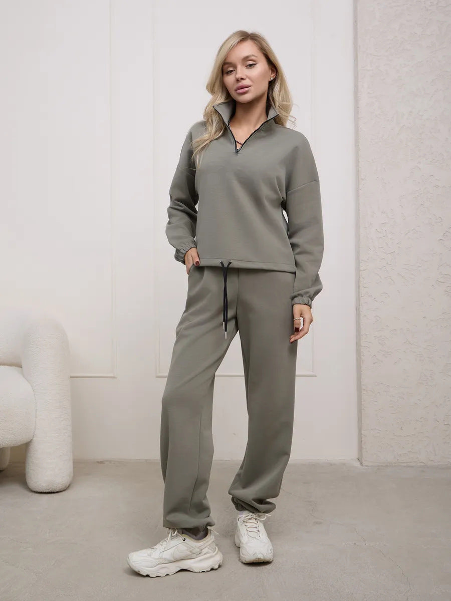 Damen weiches Lounge-Set mit halbem Reißverschluss, Kordelzughose und elastischen Bündchen Shop Nory
