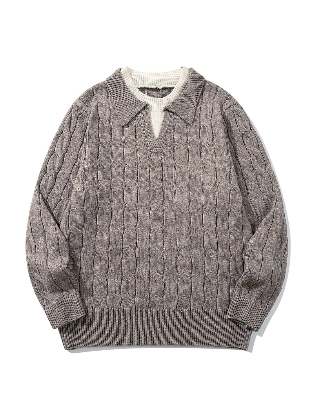 Unisex Strukturiertes Zopfstrick-Pullover mit Polokragen und tiefem V‑Ausschnitt Shop Nory