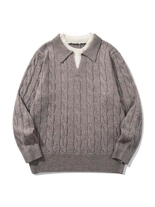 Unisex Strukturiertes Zopfstrick-Pullover mit Polokragen und tiefem V‑Ausschnitt Shop Nory