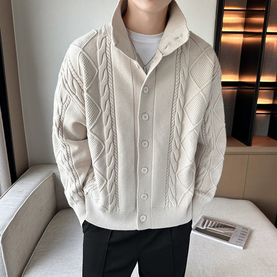 Herren Zopfmuster-Cardigan mit hohem Kragen, grober Strickoptik und durchgehender Knopfleiste Shop Nory