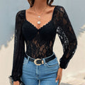 Damen Spitzen-Bodysuit mit Puffärmeln und raffiniertem Ausschnitt