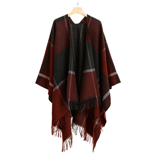 Damen Oversize-Capeponcho aus strukturierter Strickmischung mit V‑Ausschnitt, Karomuster und Fransen Shop Nory