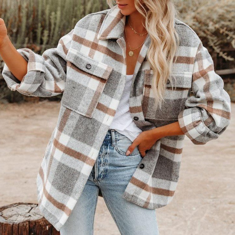Damen Karierte Flanelljacke mit Lässigem Schnitt und Aufgesetzten Taschen