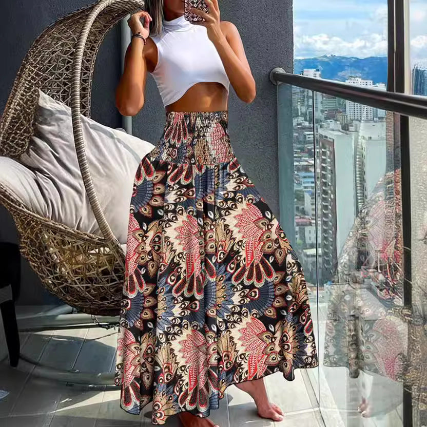 Damen Maxirock mit hohem Smockbund und weitem Boho-Print Shop Nory