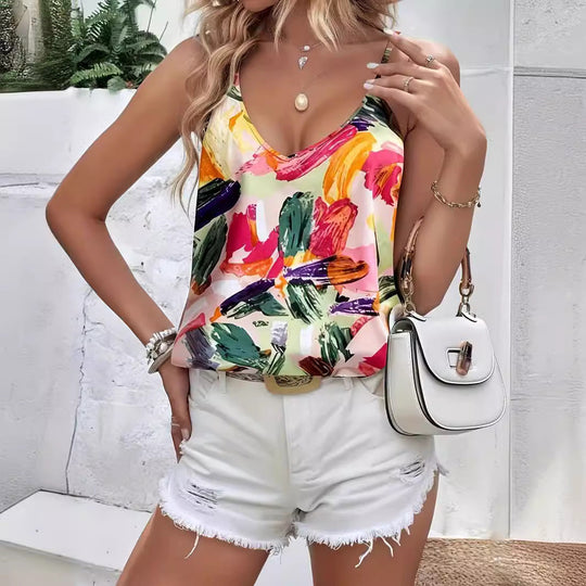 Damen Chice Spaghetti-Top mit farbenfrohem Pinselstrich-Design