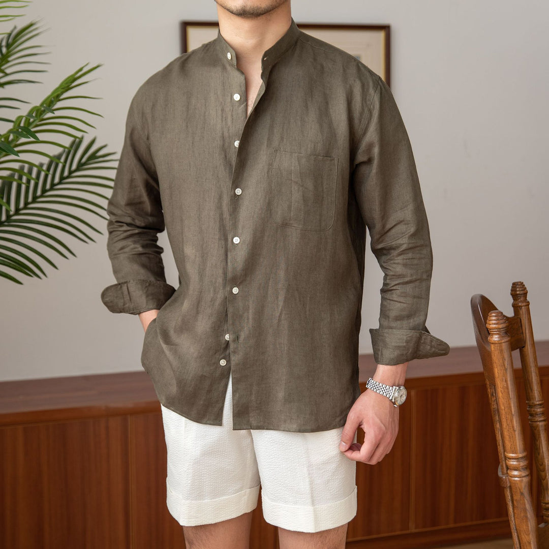 Herren Leinenhemd mit Stehkragen und Brusttasche Shop Nory