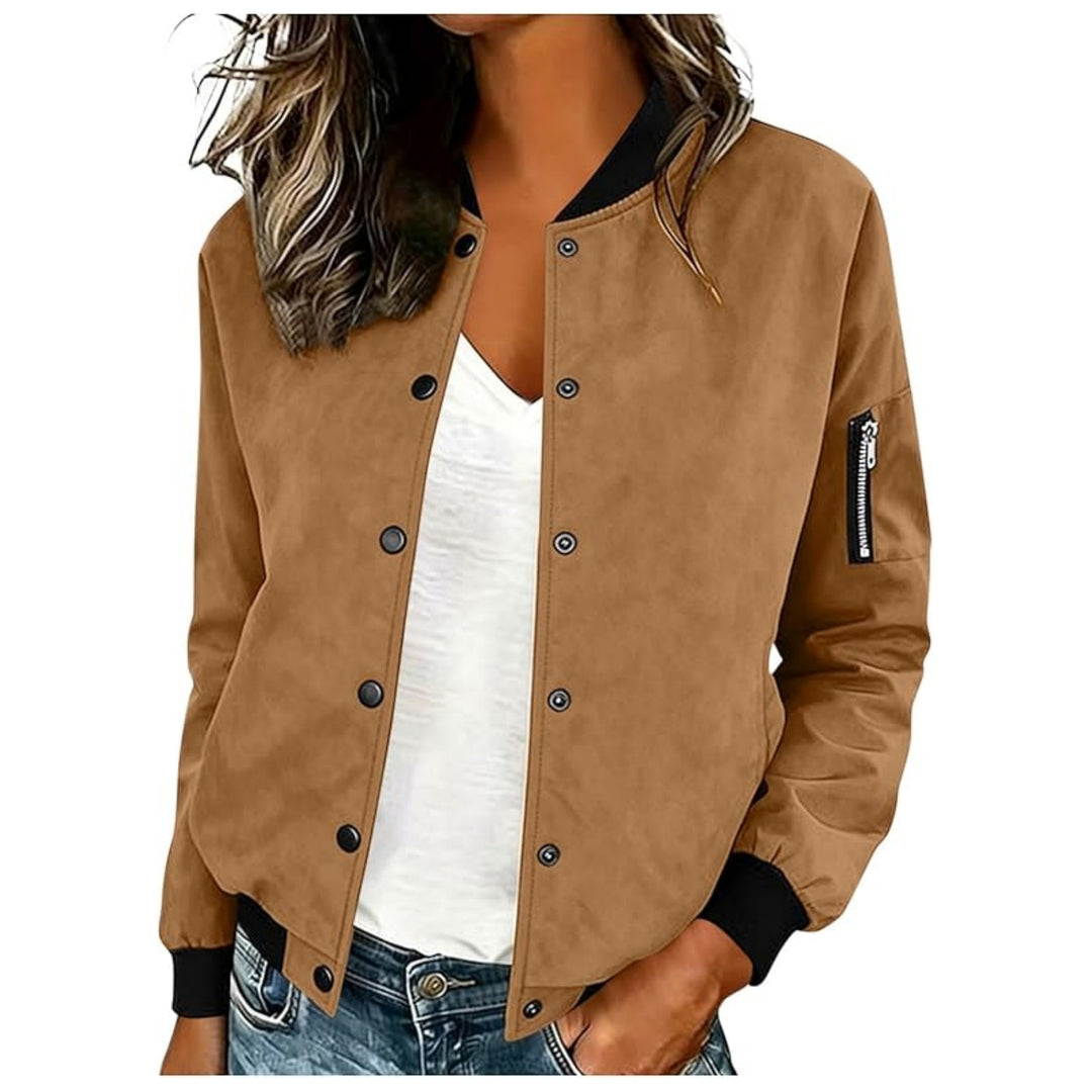 Damen Leichte Bomberjacke mit Druckknöpfen und Ärmeltasche Shop Nory