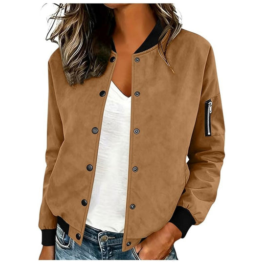 Damen Leichte Bomberjacke mit Druckknöpfen und Ärmeltasche Shop Nory