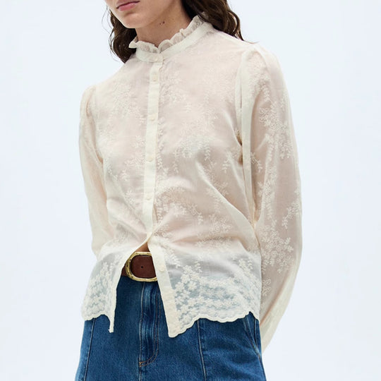 Damen Transparente Stickerei‑Bluse mit Stehkragen, Volumenärmeln und gewelltem Saum Shop Nory