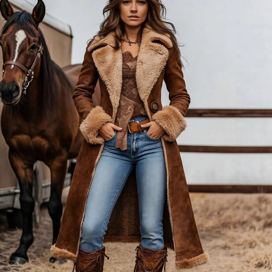 Damen Langer Veloursleder‑Look Mantel mit Lammfell‑Imitatfutter und dekorativer Doppelknopfleiste Shop Nory