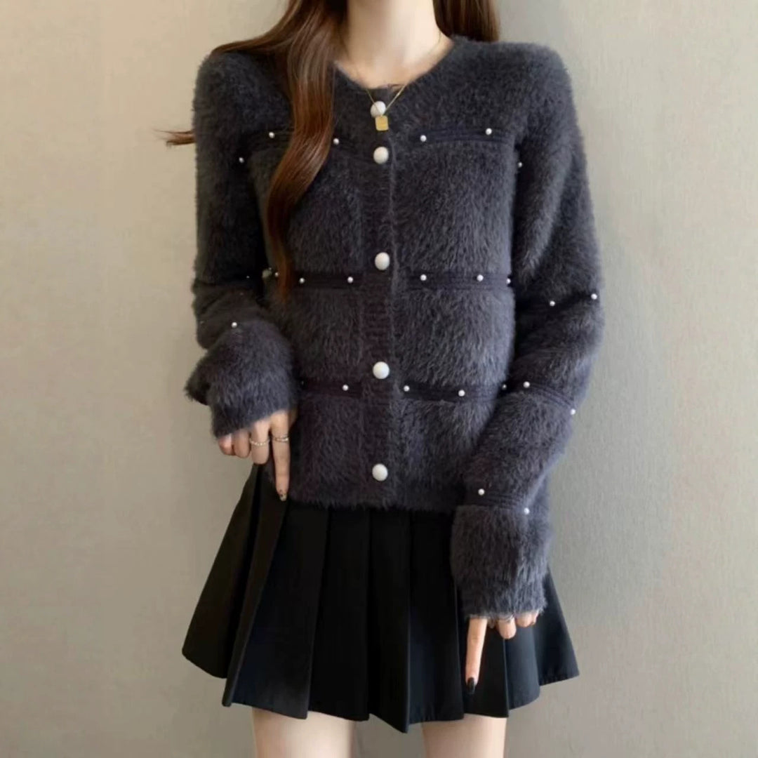 Damen Gemütlicher Strickcardigan mit Perl-Details Shop Nory