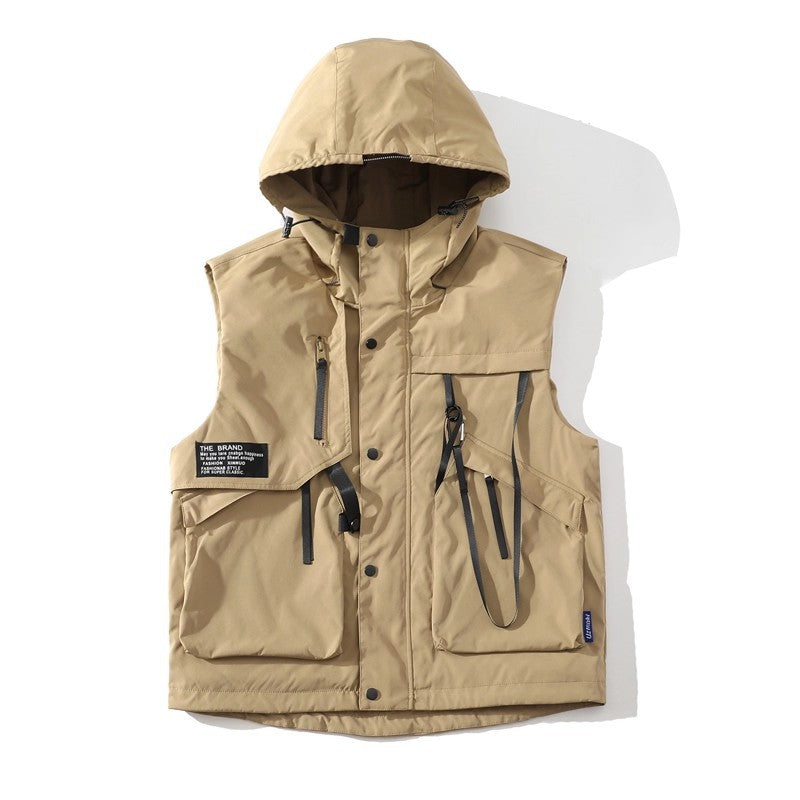 Herren funktionale Outdoor-Weste mit verstellbarem Kapuzendesign und vielseitigen Taschen Shopnory