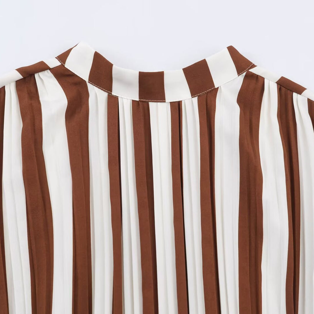 Damen Gestreiftes Midikleid mit Stehkragen, tailliertem Gürtel und ausgestelltem A-Linien-Rock Shop Nory