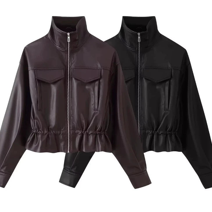 Damen gekürzte Kunstlederjacke mit Stehkragen, Reißverschluss und taillierendem Smok Shop Nory