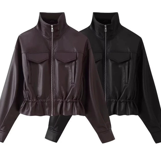 Damen gekürzte Kunstlederjacke mit Stehkragen, Reißverschluss und taillierendem Smok Shop Nory