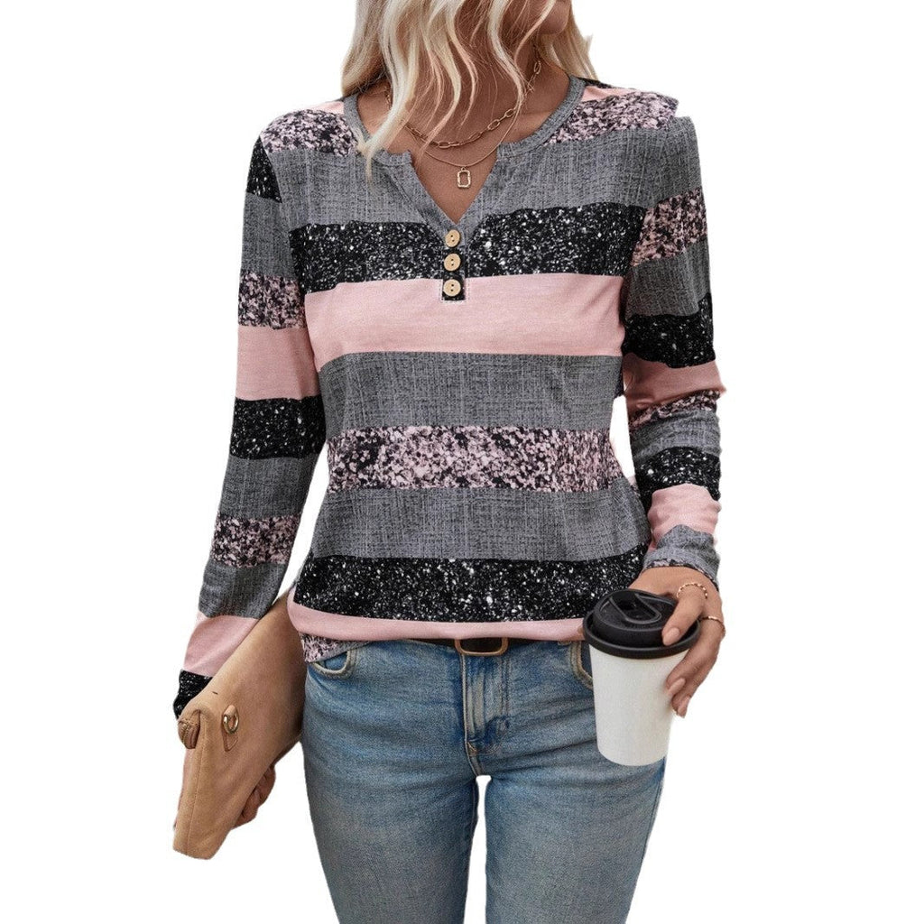 Damen Langarmshirt mit schimmernden Streifen und Knopfdetails