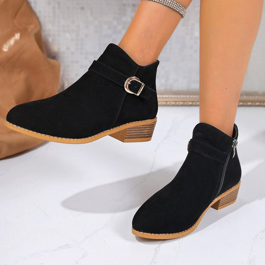 Damen Veloursleder-Ankle-Boots mit seitlichem Reißverschluss, Zier-Schnalle und niedrigem Blockabsatz Shop Nory