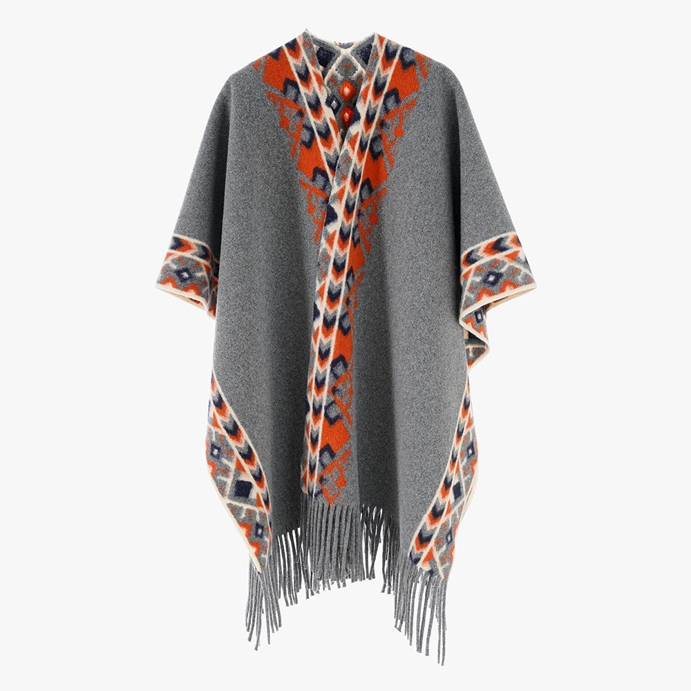 Damen Poncho‑Überwurf mit Ethno-Jacquard und Fransensaum Shop Nory