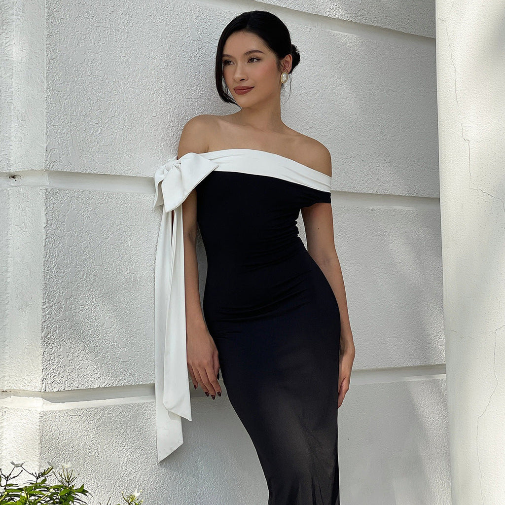 Damen Langarm Abendkleid mit schulterfreiem Design und raffinierten Schleifendetails