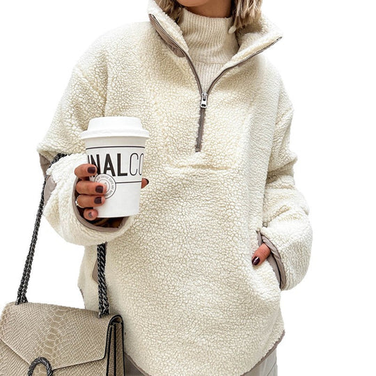 Damen Oversized Sherpa-Fleece Pullover mit halbem Reißverschluss und Kängurutasche Shop Nory