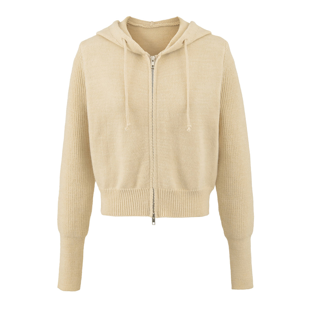 Damen Kurze Kapuzen-Strickjacke mit Reißverschluss und tailliertem Rippenbund Shop Nory