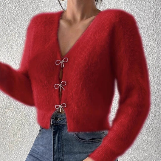 Damen Flauschiger Cropped-Cardigan mit V-Ausschnitt und Schleifen‑Verschlüssen Shop Nory