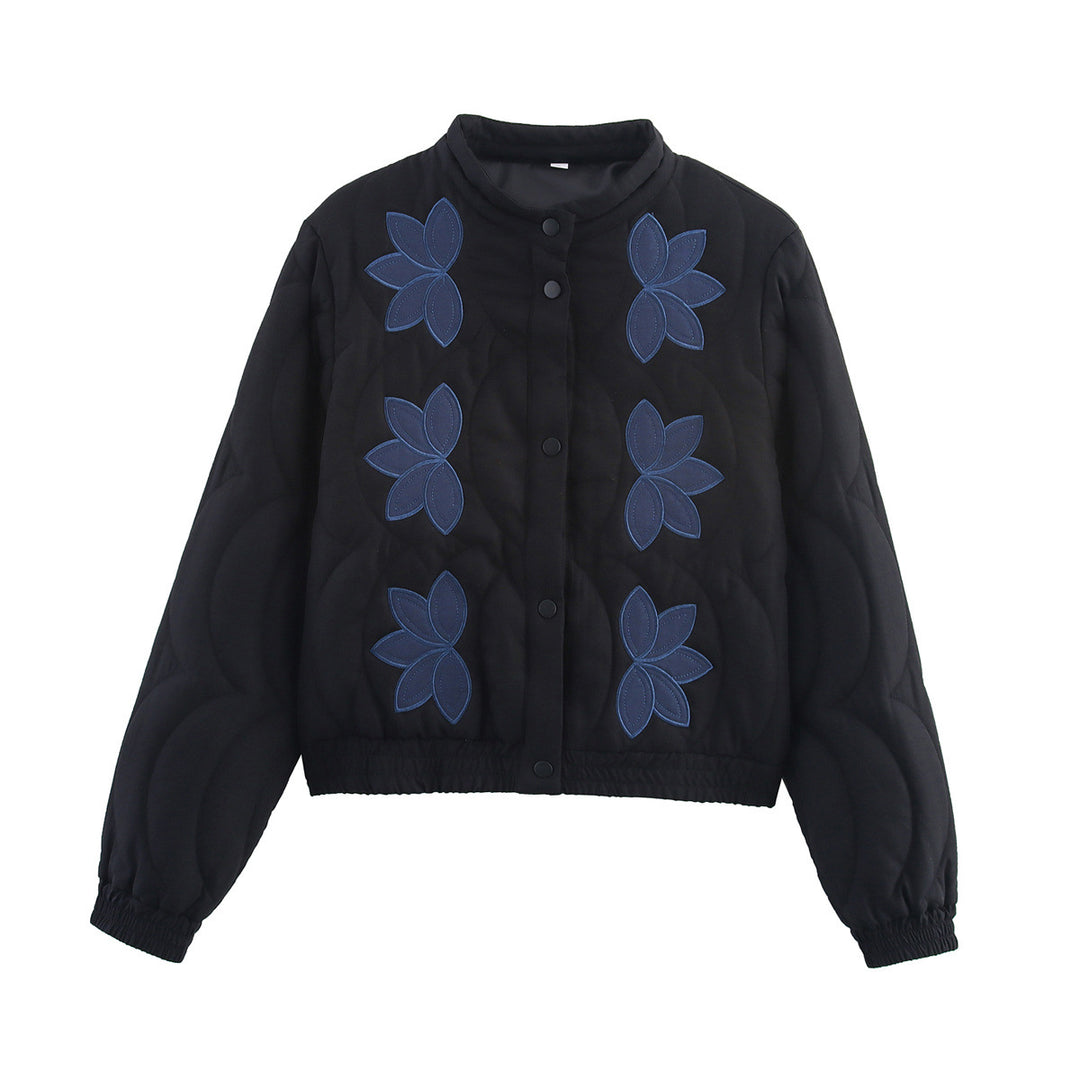 Damen Kurz geschnittene gesteppte Jacke mit Blumenapplikation und Stehkragen Shop Nory