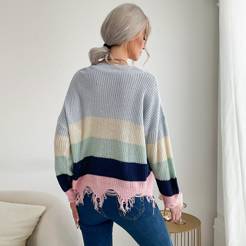Damen Oversize Strickpullover mit V‑Ausschnitt, Streifenmuster und ausgefranstem Saum Shop Nory