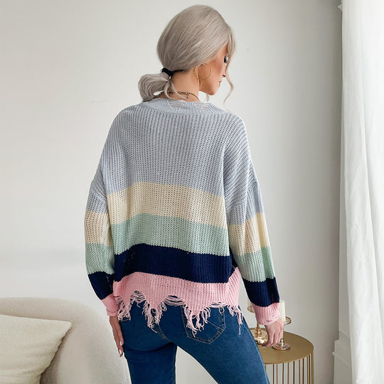 Damen Oversize Strickpullover mit V‑Ausschnitt, Streifenmuster und ausgefranstem Saum Shop Nory