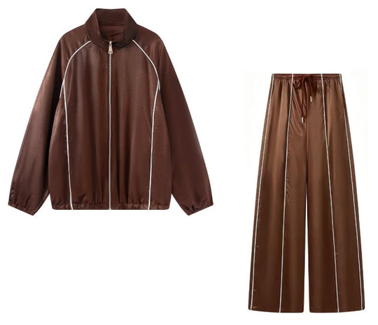 Damen Zweiteiliges Satin-Trainingsset mit Reißverschlussjacke und weitem Trackpant Shop Nory