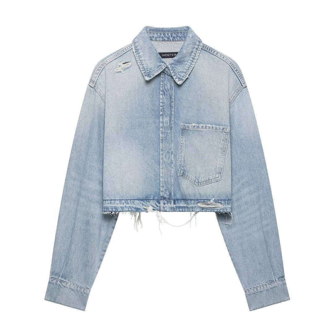 Damen Cropped Jeansjacke im Used‑Look mit ausgefranstem Saum und Oversize‑Ärmeln Shop Nory