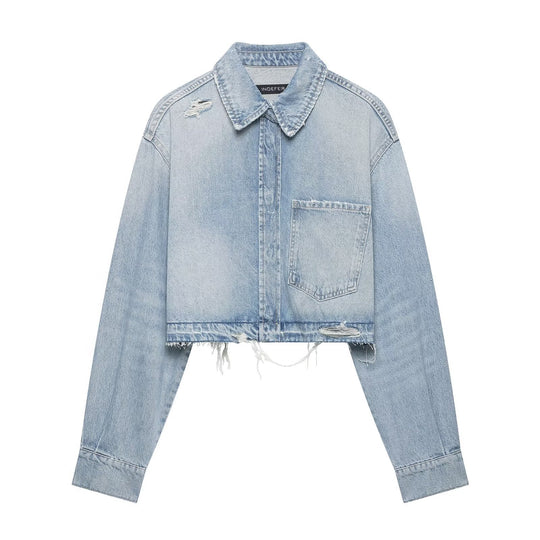Damen Cropped Jeansjacke im Used‑Look mit ausgefranstem Saum und Oversize‑Ärmeln Shop Nory