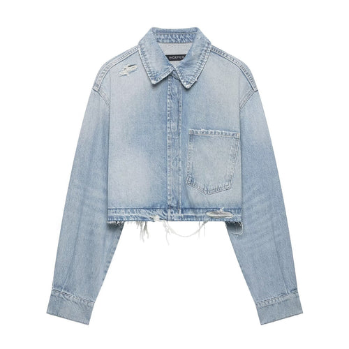 Damen Cropped Jeansjacke im Used‑Look mit ausgefranstem Saum und Oversize‑Ärmeln Shop Nory