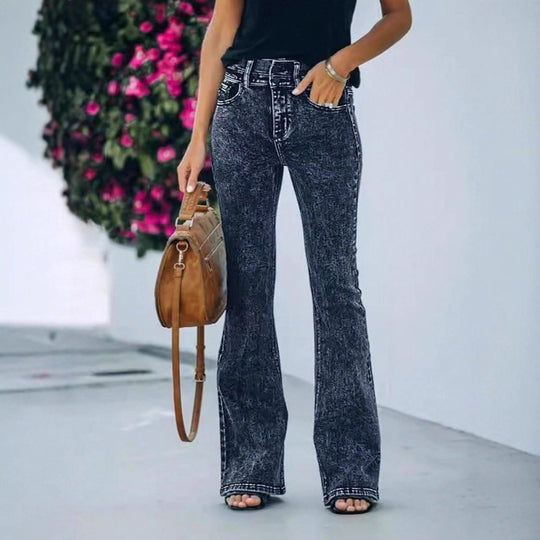 Damen Hochtaillierte verwaschene Flared-Jeans mit Doppelknopfbund und formendem Stretchschnitt Shop Nory